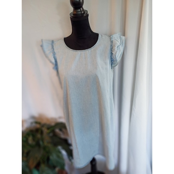 As U Wish Dresses & Skirts - As U Wish Womens Light Wash Chambray Ruffle Sleeve Shift Mini Dress Blue Size M